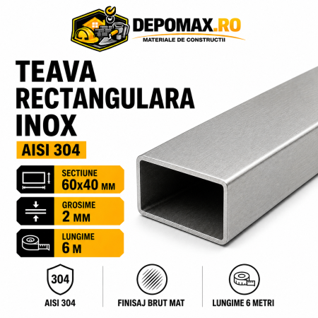 Teava rectangulara inox AISI 304, 60 x 40 x 2 mm, 6 metri